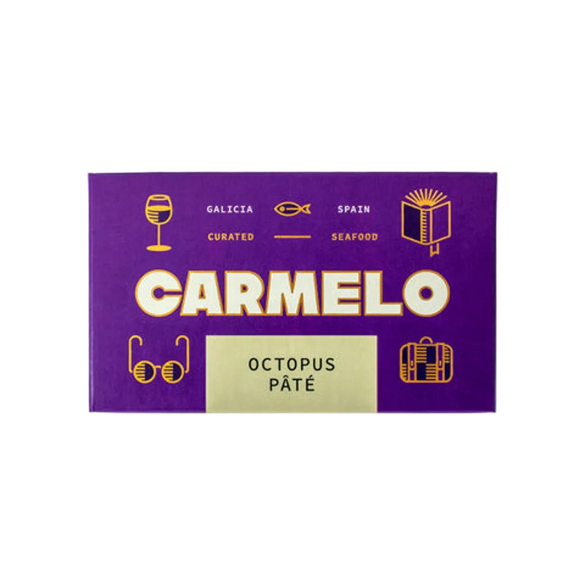 Carmelo octopus páté packaging with white background and yellow text