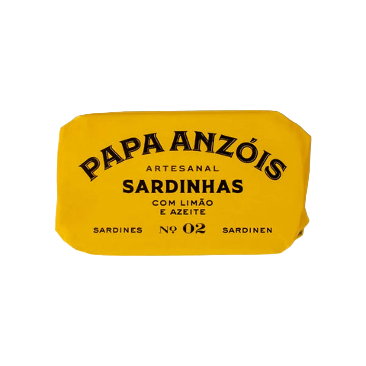 Yellow packaging of Papa Anzóis sardines with black text on a white background