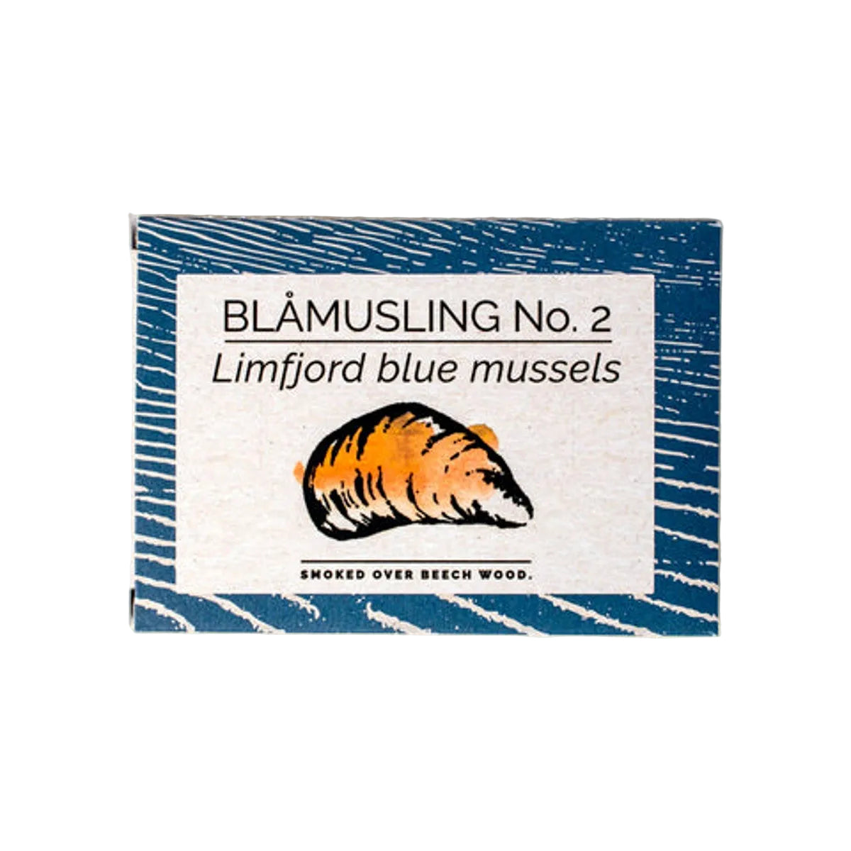 Packaging of BLÖöMUSLING No. 2 Limfjord blue mussels on a white background